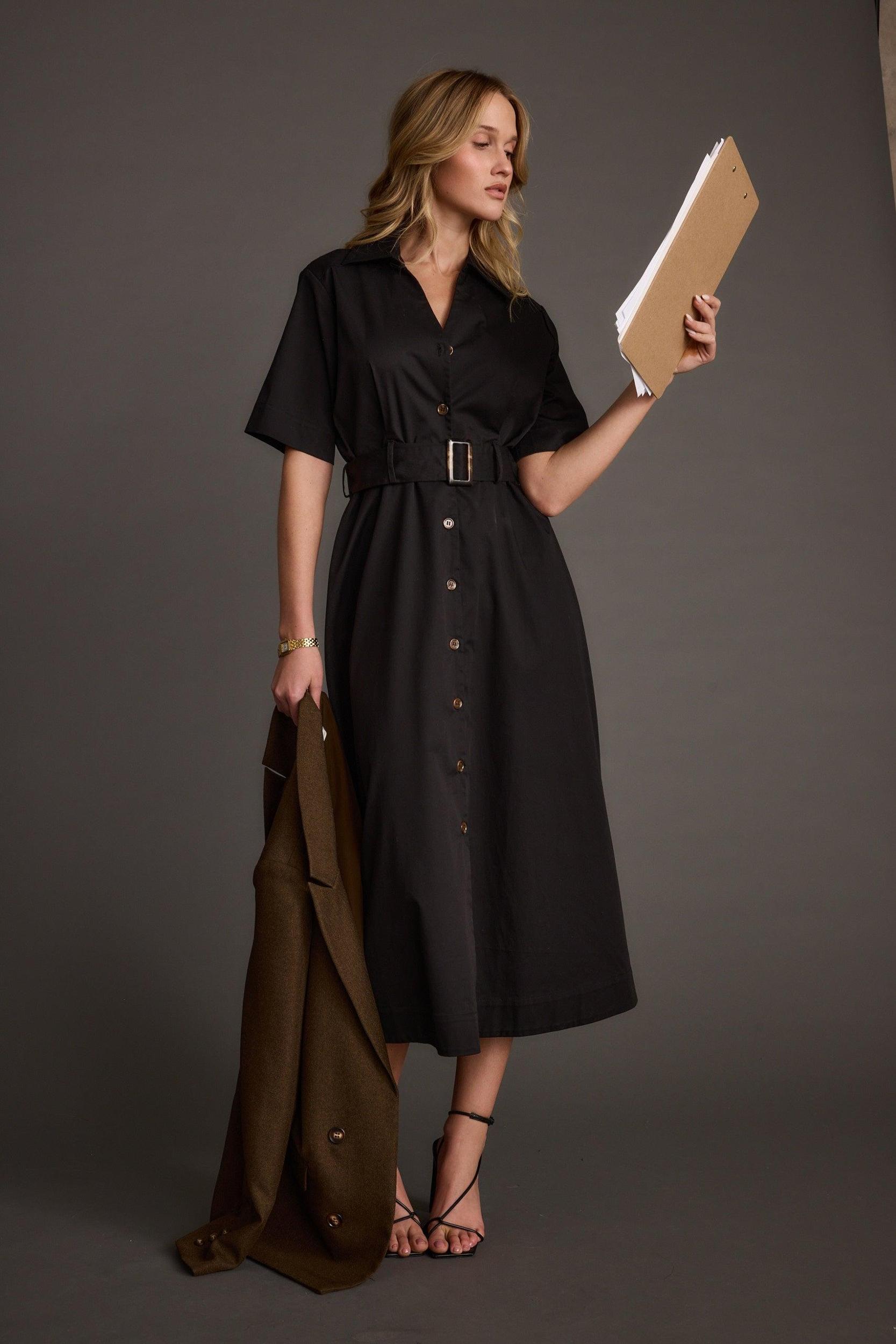 Leena Black Button Front Belted Midi Dress Product Image