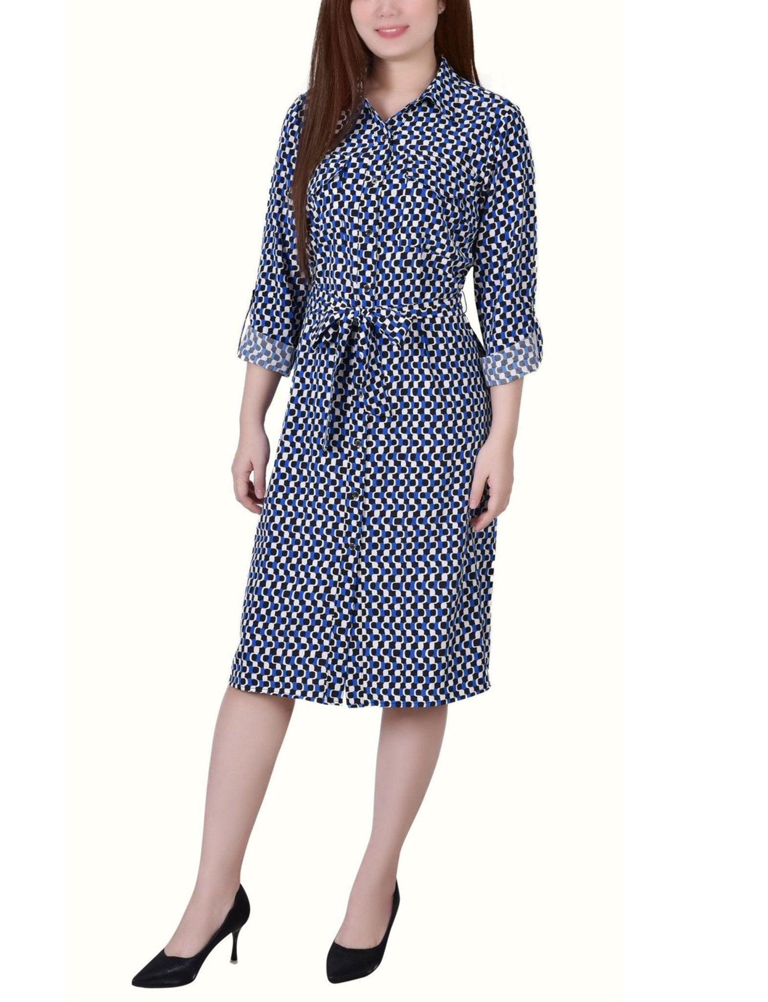 Cypress Inca Gold Navy Zigzag 3/4 Roll Tab Sleeve Belted Shirtdress - Petite Product Image
