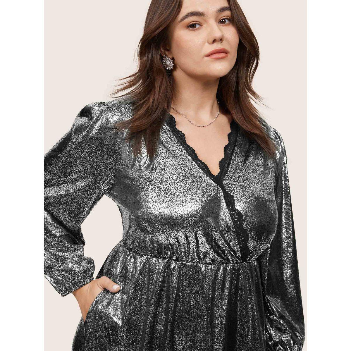 Plus Size Glitter Contrast Lace Wrap Elastic Waist Dress Black Women Party Elastic cuffs Overlap Collar Long Sleeve Curvy Midi Dress BloomChic 26/4X Product Image