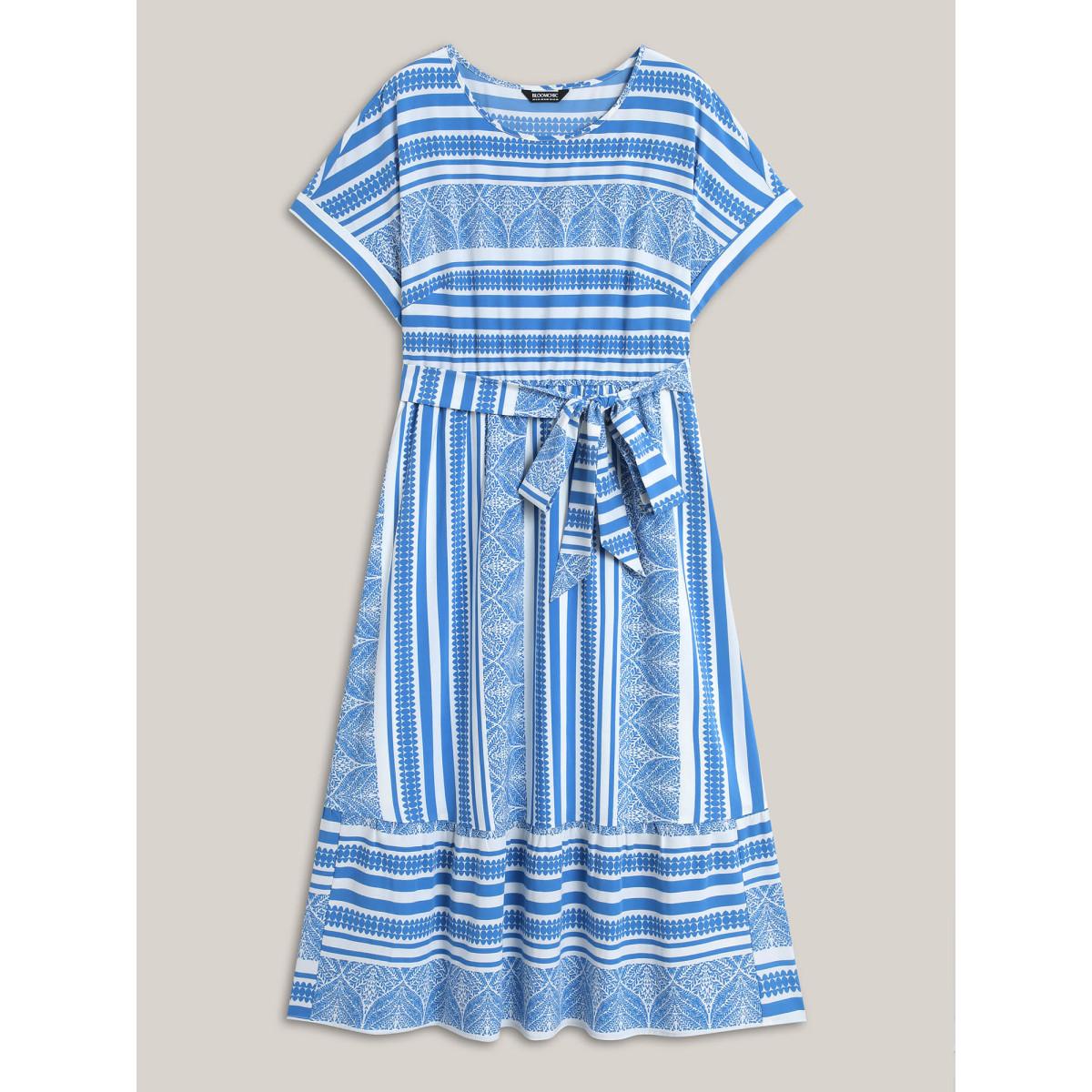 Plus Size Nautical Stripes Belted Pockets Maxi Dress Skyblue Women Round Neck Cap Sleeve Curvy BloomChic 14-16/1X Product Image