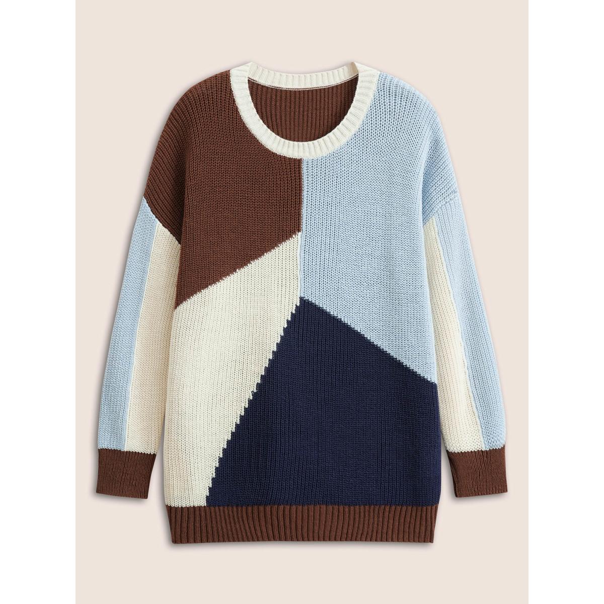 Plus Size Asymmetrical Colorblock Contrast Drop Shoulder Pullover DarkBrown Women Casual Loose Long Sleeve Round Neck Dailywear Pullovers BloomChic 18-20/2X Product Image