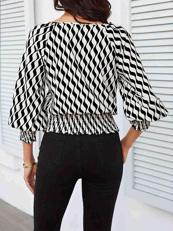 Loose Puff Sleeves Elasticity Printed Split-Joint Round-Neck Blouses&Shirts Tops Product Image