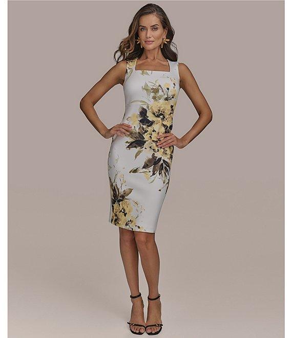 Donna Karan Sleeveless Square Neck Floral Scuba Sheath Dress Product Image