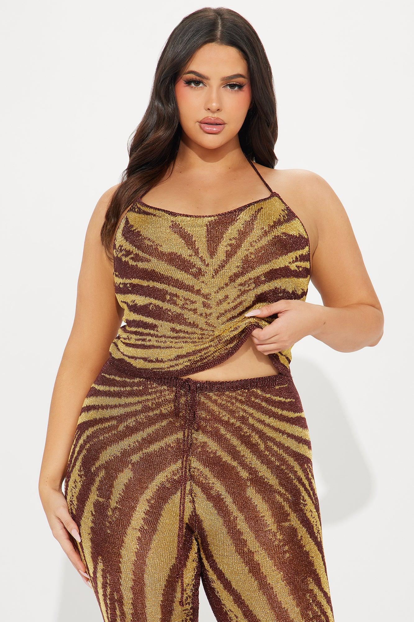 Mia Metallic Crochet Pant Set - Brown/combo Product Image