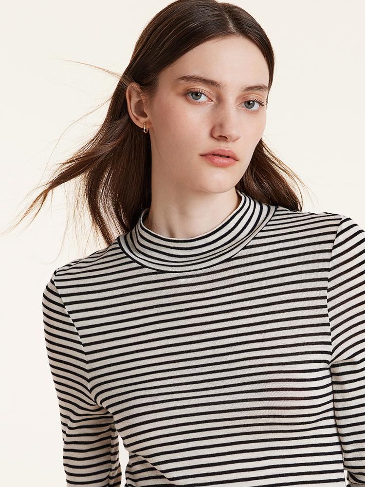 Washable Wool Striped Mock Neck Slim Women Sweater Product Image