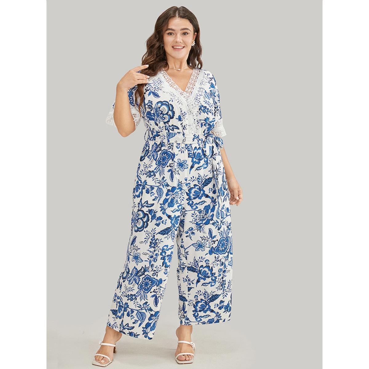 Plus Size Navy Floral Belted Pocket Lace Trim Wrap Jumpsuit Women Vacation Short sleeve V-neck Dailywear Loose Jumpsuits BloomChic 26/4X Product Image