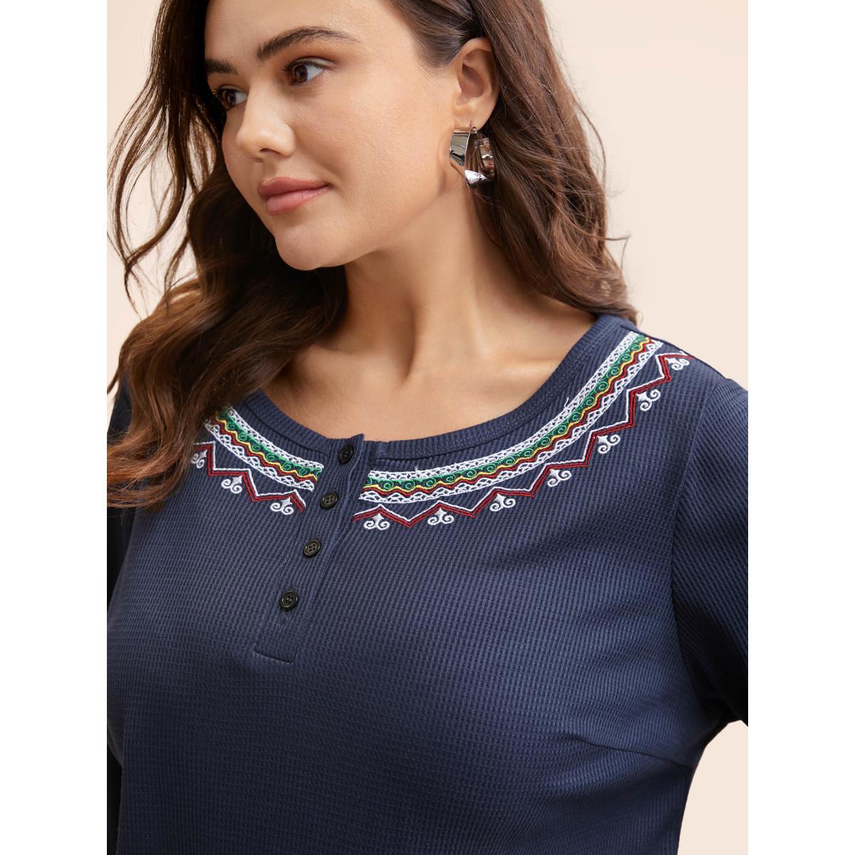 Plus Size Bandana Embroidered Button Up T-shirt Indigo Women Casual Embroidered Art&design Round Neck Everyday T-shirts BloomChic 12/L Product Image
