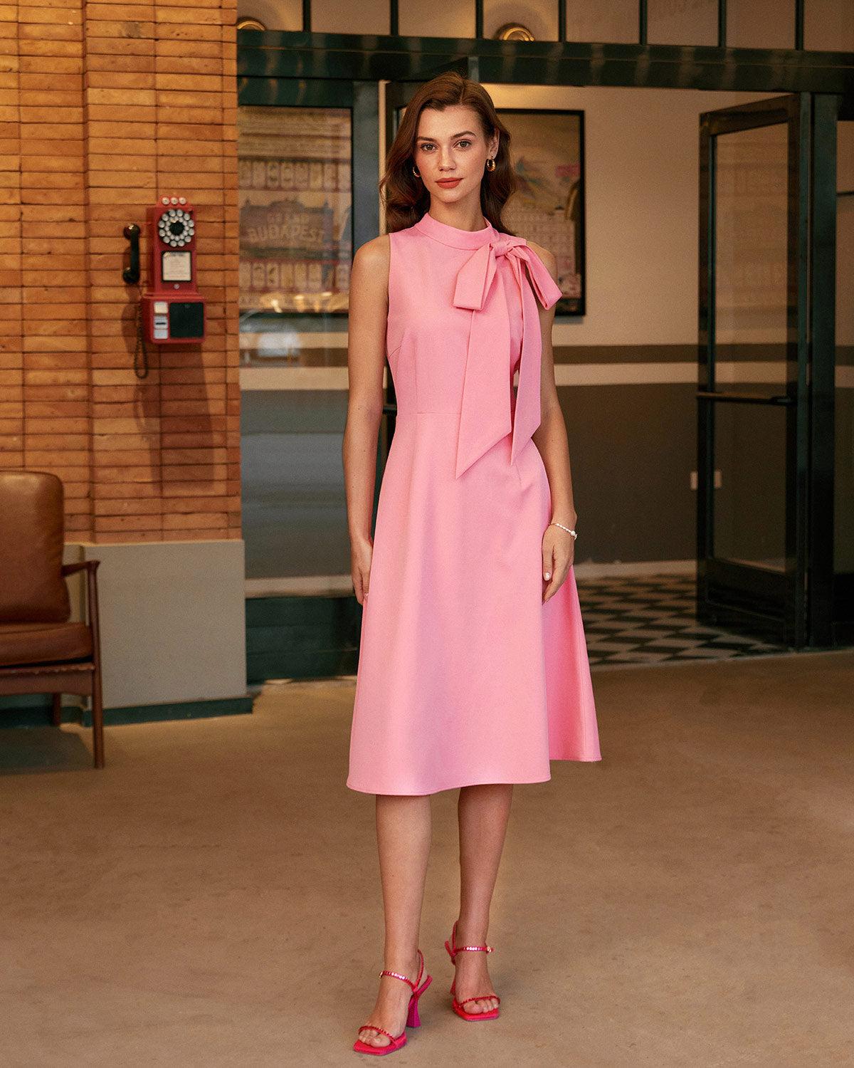 Pink Turtleneck Bowknot Satin Midi Dress Product Image
