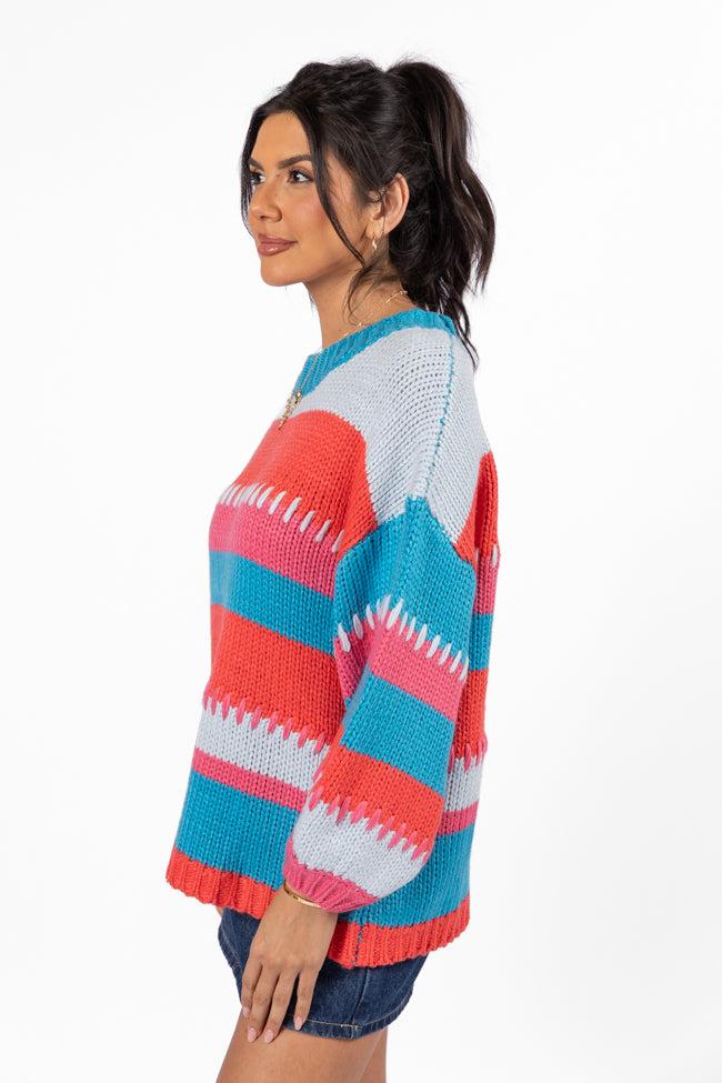 Something Extra Blue Multi Stripe Chunky Knit Stitch Detail Sweater FINAL SALE Product Image