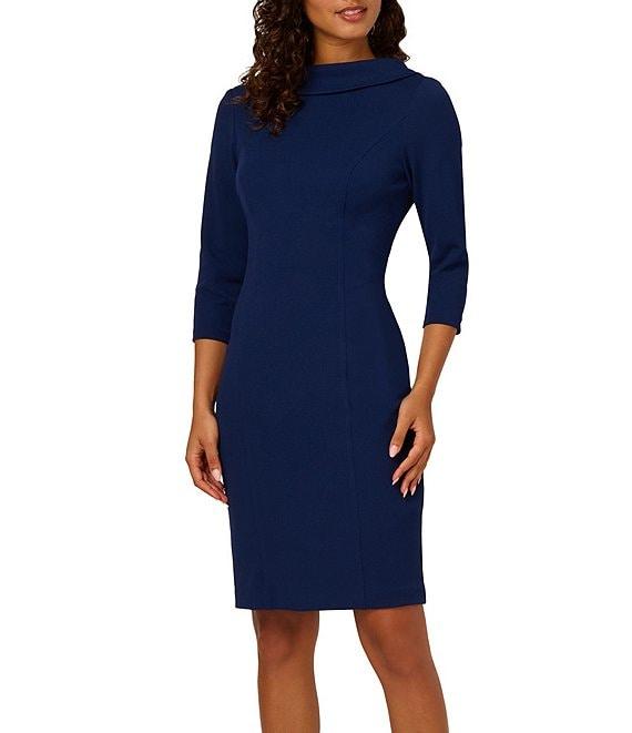 Adrianna Papell Crepe Drape Boat Neck 3/4 Sleeve Open V-Back Bow Dress Product Image