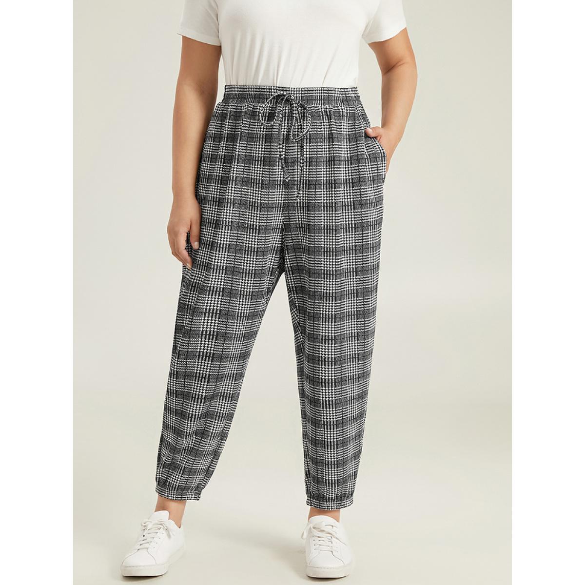 Houndstooth Ties Elastic Waist Sweatpants Black Plus Size Women Casual Dailywear Cross straps 10/M Bloomchic Product Image