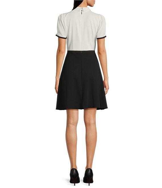 KARL LAGERFELD PARIS Scuba Crepe Colorblock Point Collar Neck Short Sleeve Button Front Shirt Dress Product Image