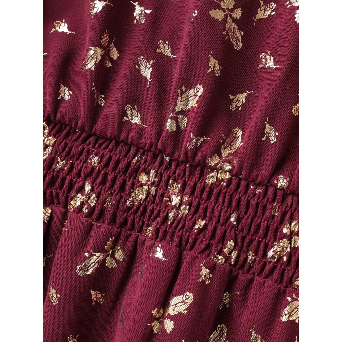 Plus Size Gold-Foil Shimmery Shirred-Waist Midi Dress Scarlet Women Overlapping Overlap Collar Half Sleeve Curvy BloomChic 28/5X Product Image