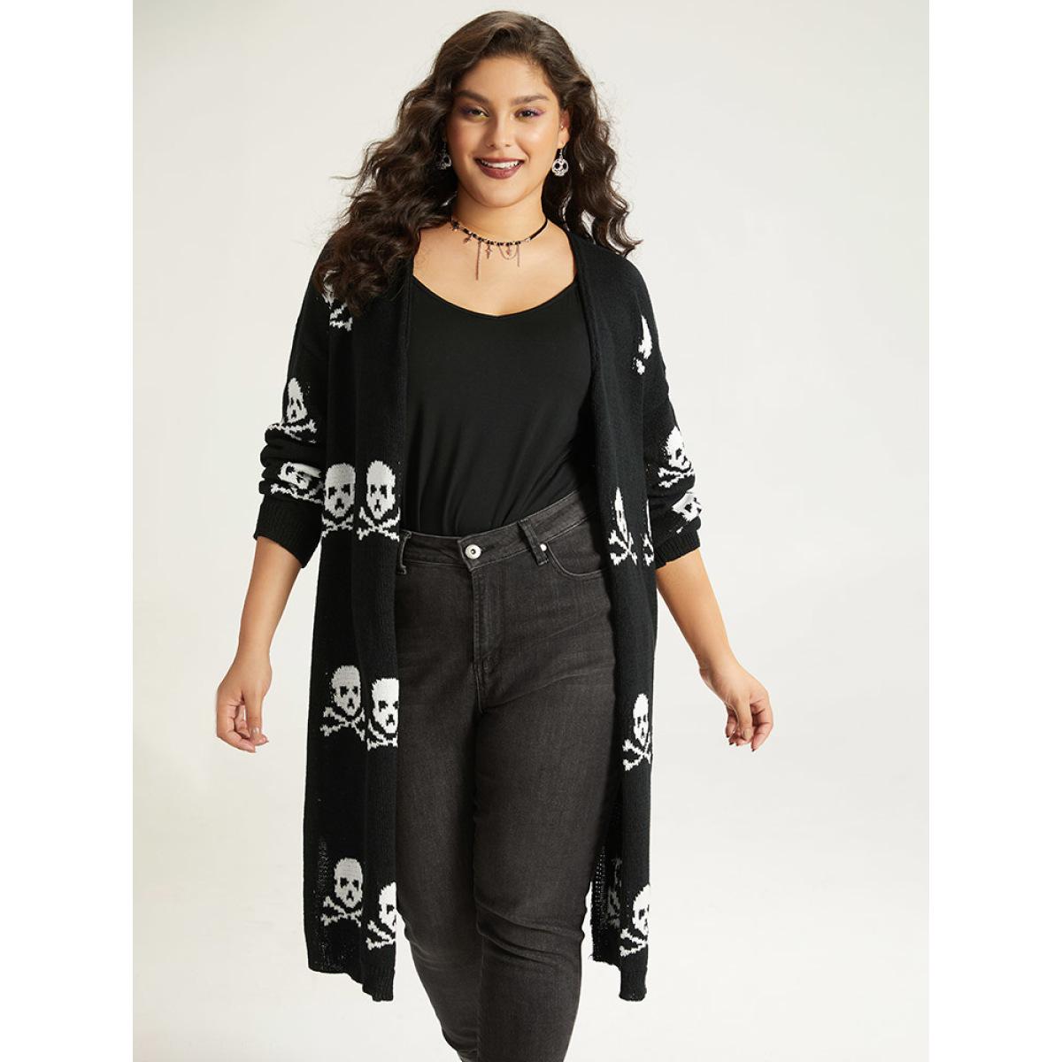 Plus Size Halloween Skull Print Split Side Drop Shoulder Maxi Cardigan Black Women Casual Loose Long Sleeve Festival-Halloween Cardigans BloomChic 26/4X Product Image