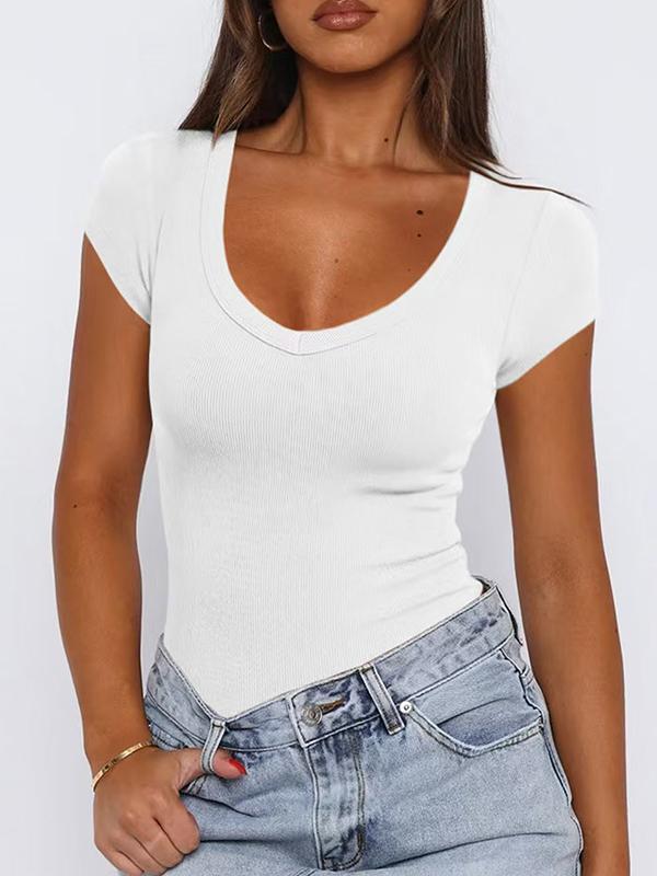 Short Sleeves Skinny Solid Color V-Neck T-Shirts Tops Product Image