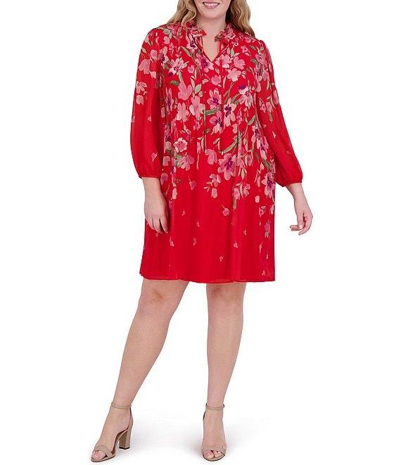 Jessica Howard Plus Size Tie Split Neck Long Balloon Sleeve Pleated Bodice Chiffon Shift Dress Product Image