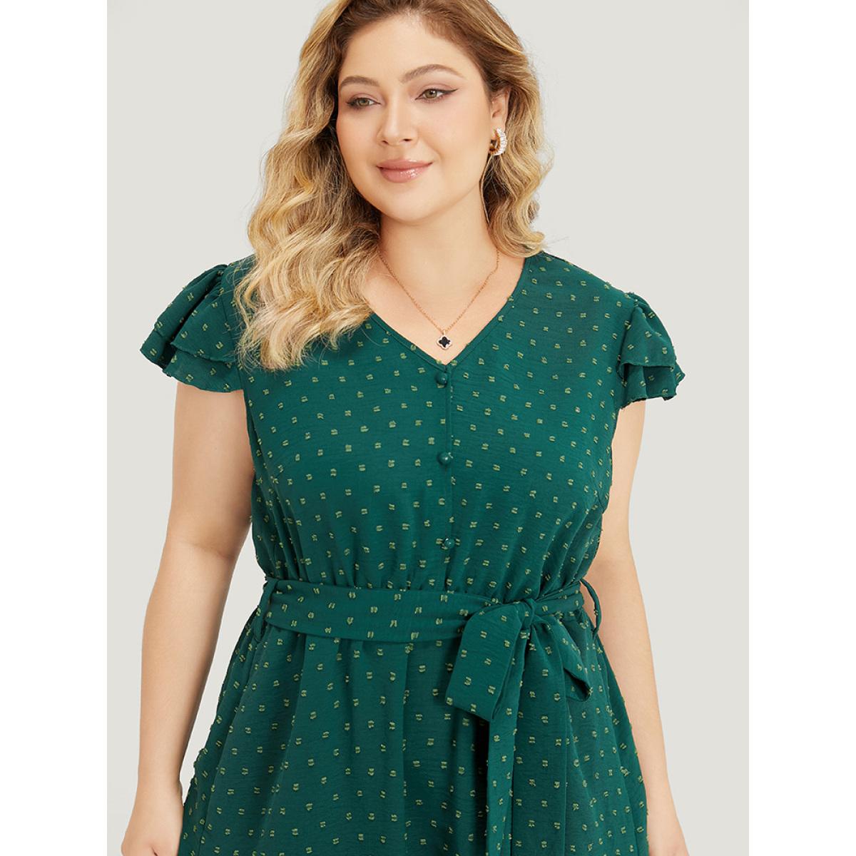 Plus Size Polka Dot Layered Sleeve Pocket Button Up Belted Flutter Dress Green Women Elegant Button V-neck Cap Sleeve Curvy Knee Dress BloomChic 30/6X Product Image