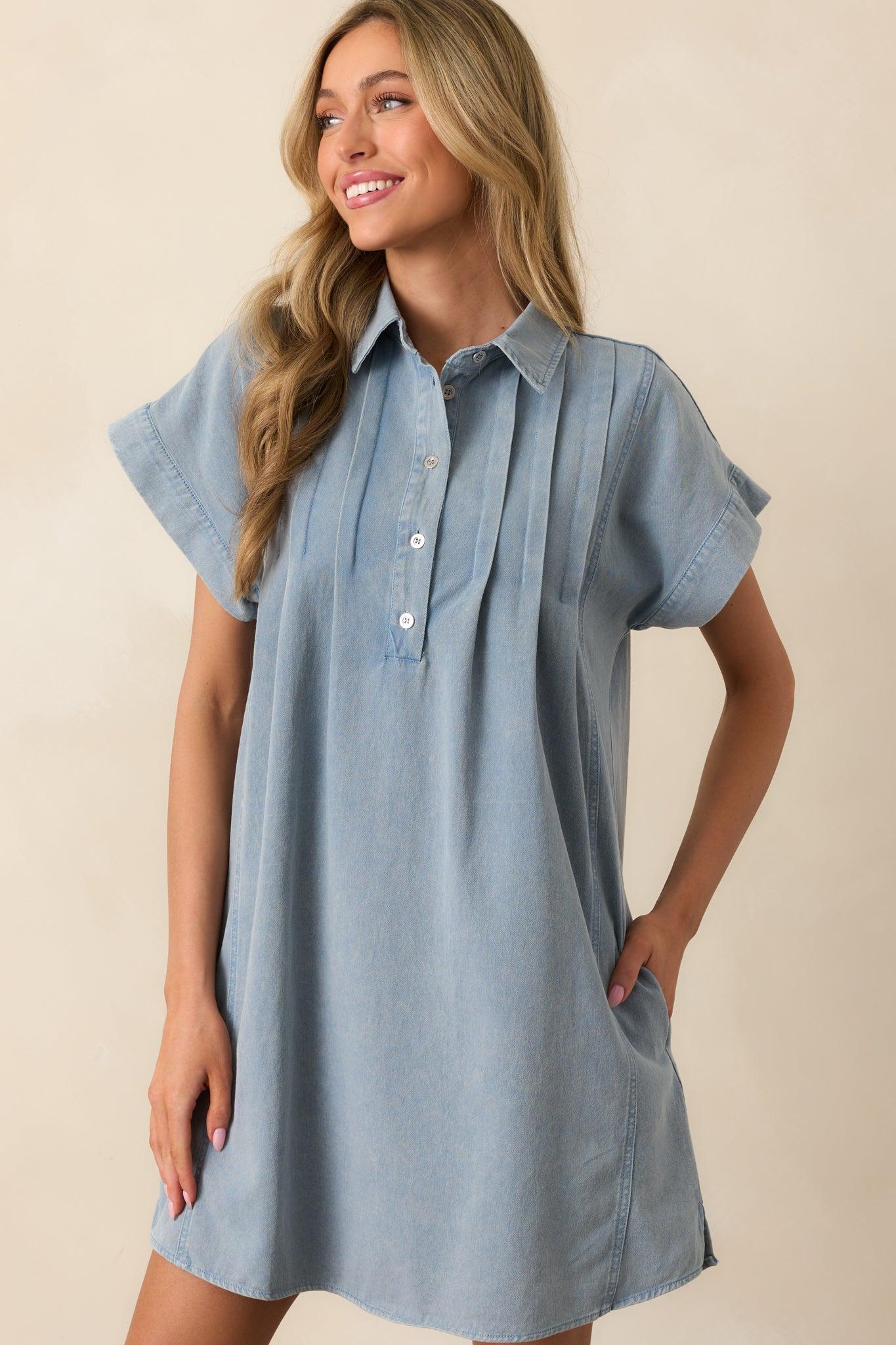Perfect Afternoon Light Wash Short Sleeve Denim Mini Dress Product Image