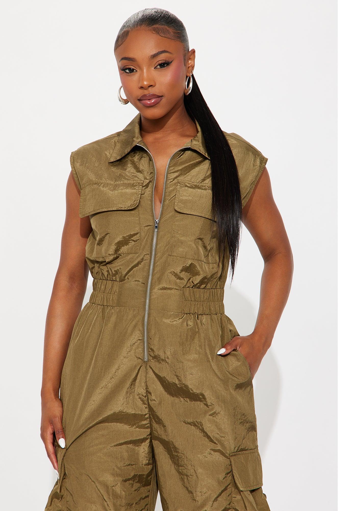Remi Windbreaker Wide Leg Cargo Jumpsuit - Olive Female Product Image