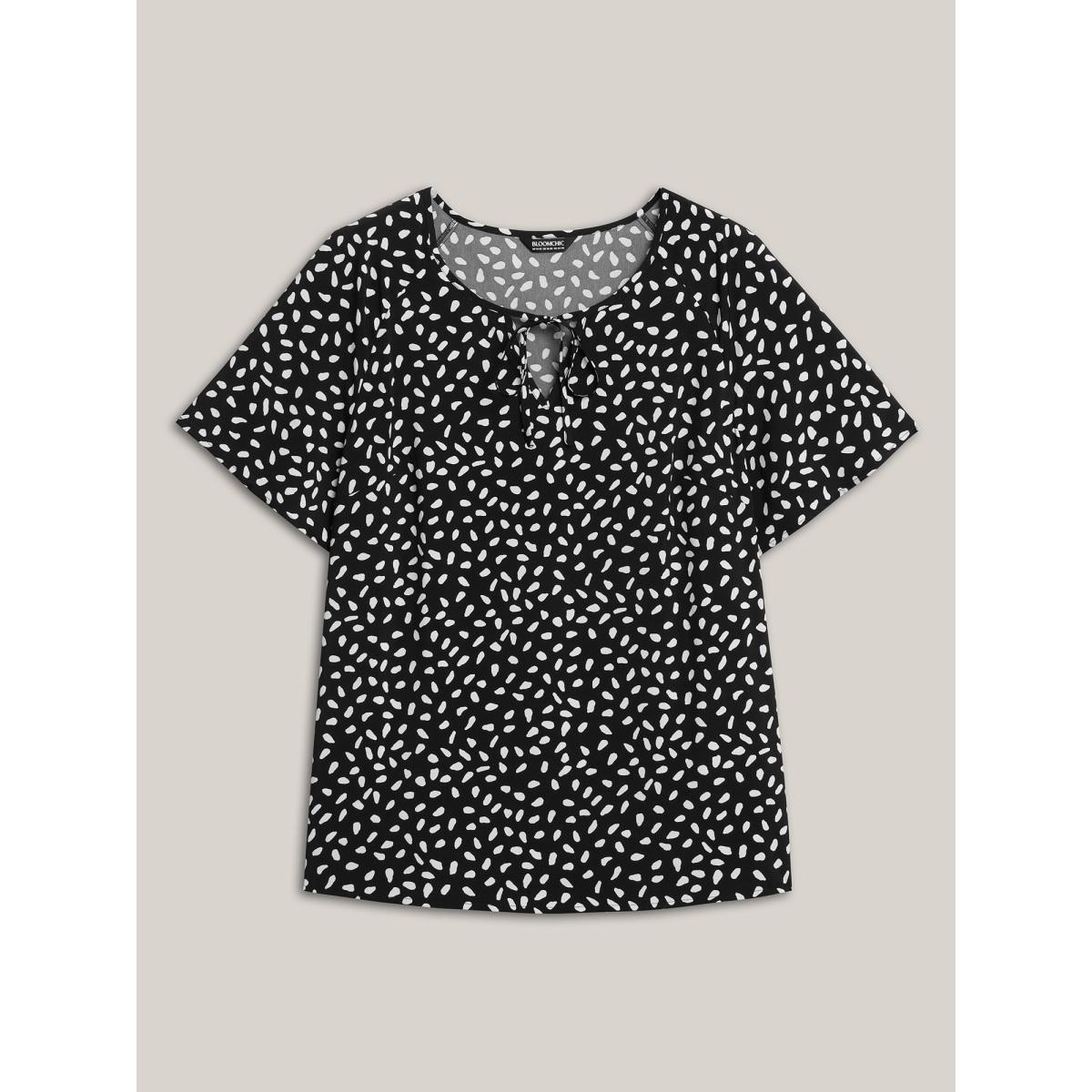 Plus Size Black Petal Print Neck Tie Flowy Blouse Women Half Sleeve Round Neck Work Blouses BloomChic 30/6X Product Image