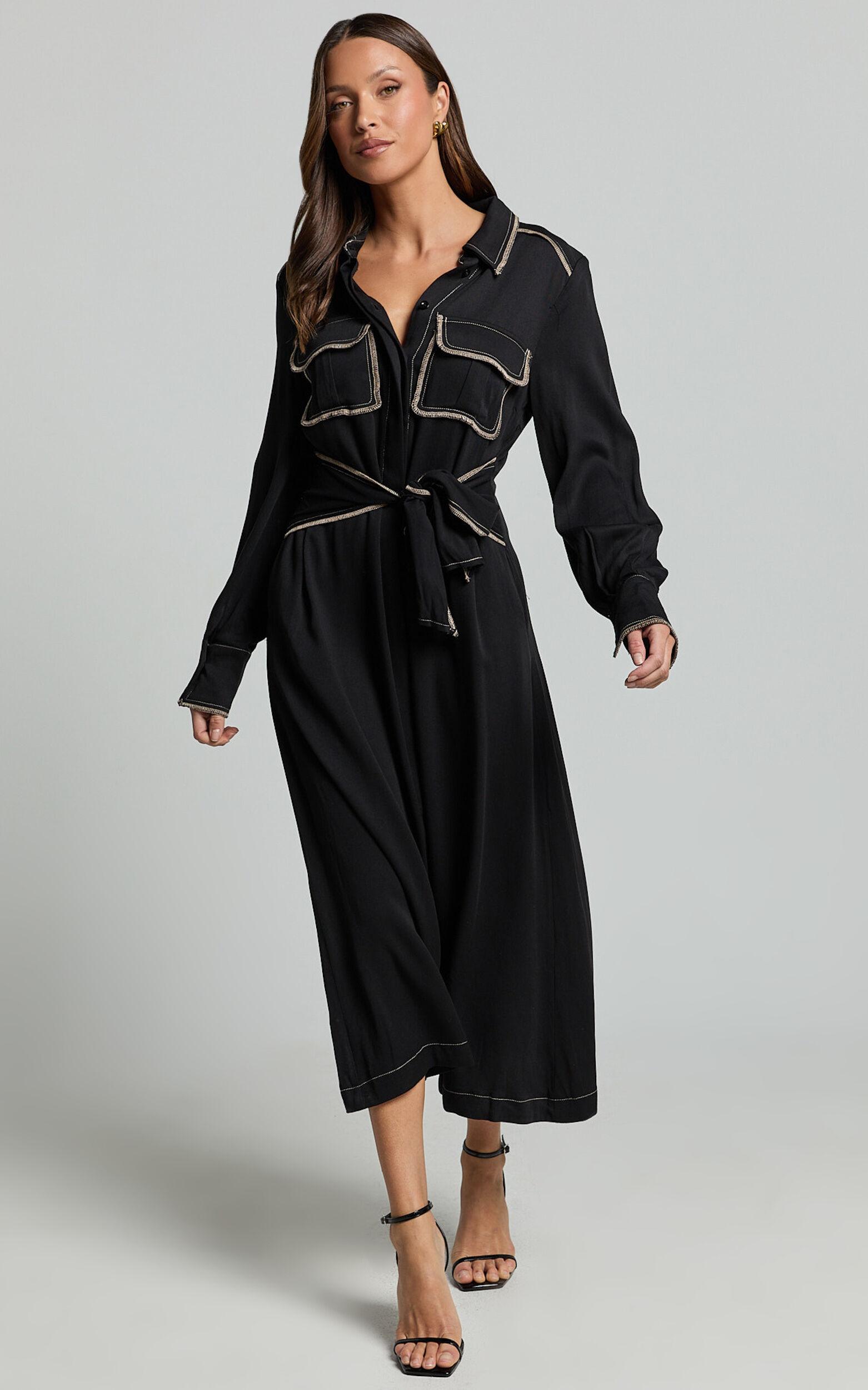 Ally Midi Dress - Collared Button Through Long Sleeve Tie Dress in Black Product Image