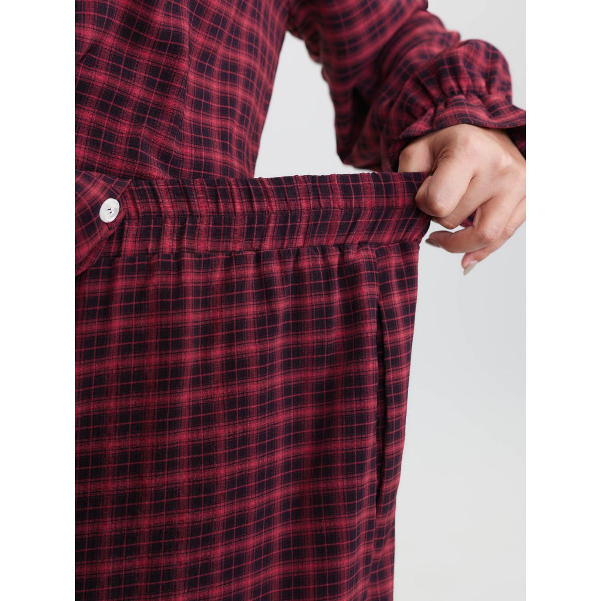 Plus Size Gingham Ruffled Hem Loungewear Set Women Multicolor Button Extra Long Sleeve Round Neck Leisure Loungewear Sets BloomChic 18-20/2X Product Image