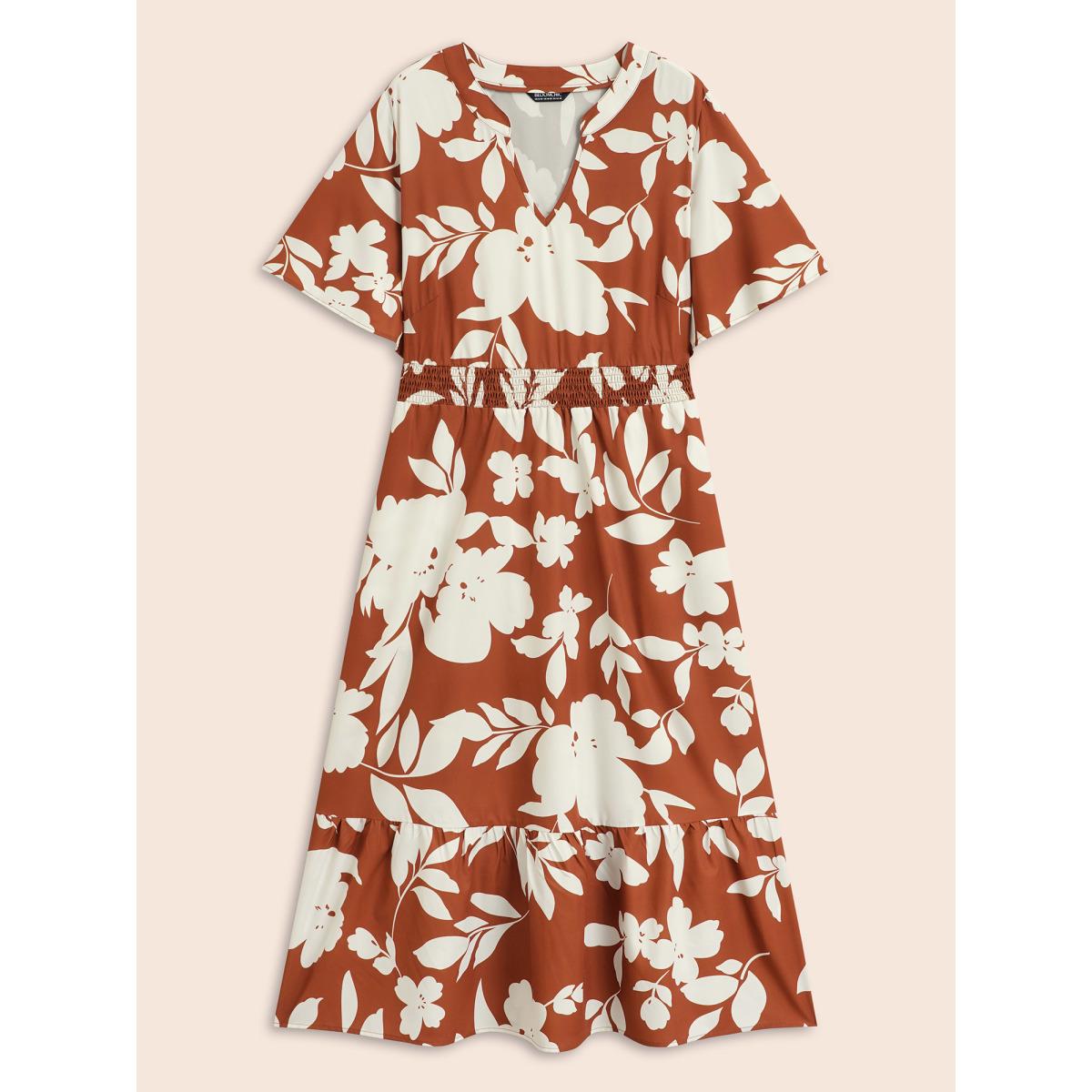 Plus Size Silhouette Floral Print Shirred Ruffles Dress Browncoffeecolor Women Elegant Shirred Notched collar Short sleeve Curvy BloomChic 14-16/1X Product Image