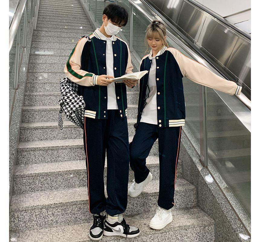 Couple Matching Crew Neck Striped Button Baseball Jacket / Harem Sweatpants / Short-Sleeve Striped Polo Shirt Product Image