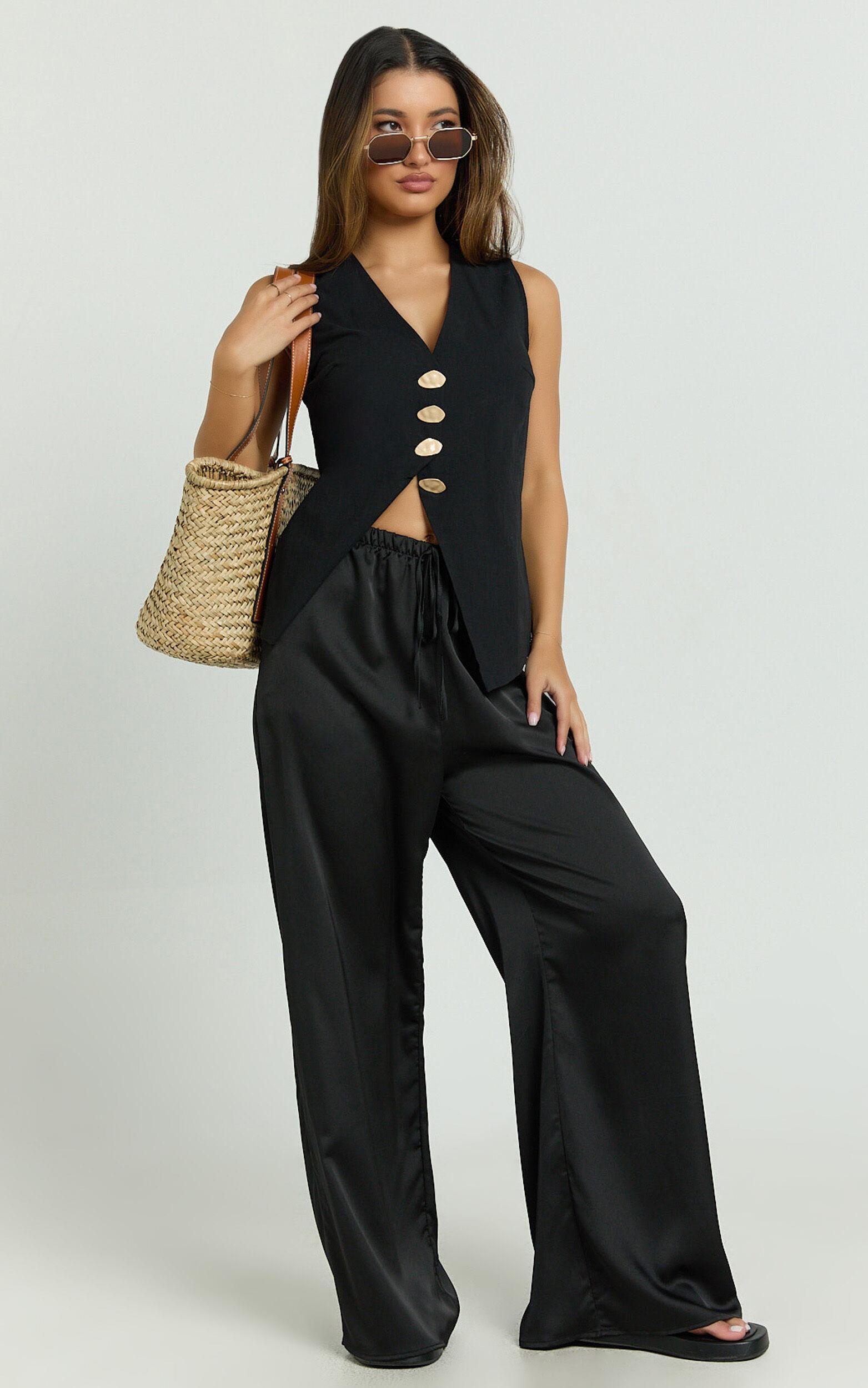 Myrna Two Piece Set - Gold Hardware Waistcoat Top and Relaxed Satin Pants Set in Black Product Image