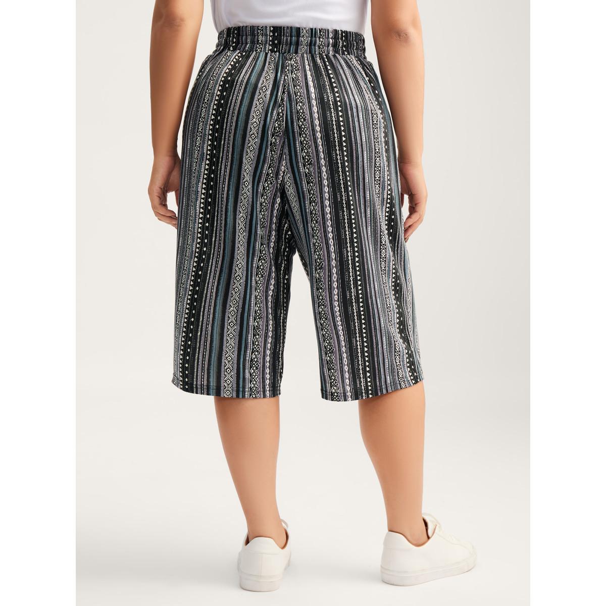 Plus Size Stretchy Boho Stripes Straight-Leg Pants Women Black Leisure Straight Leg Mid Rise Casual Pants BloomChic 18-20/2X Product Image