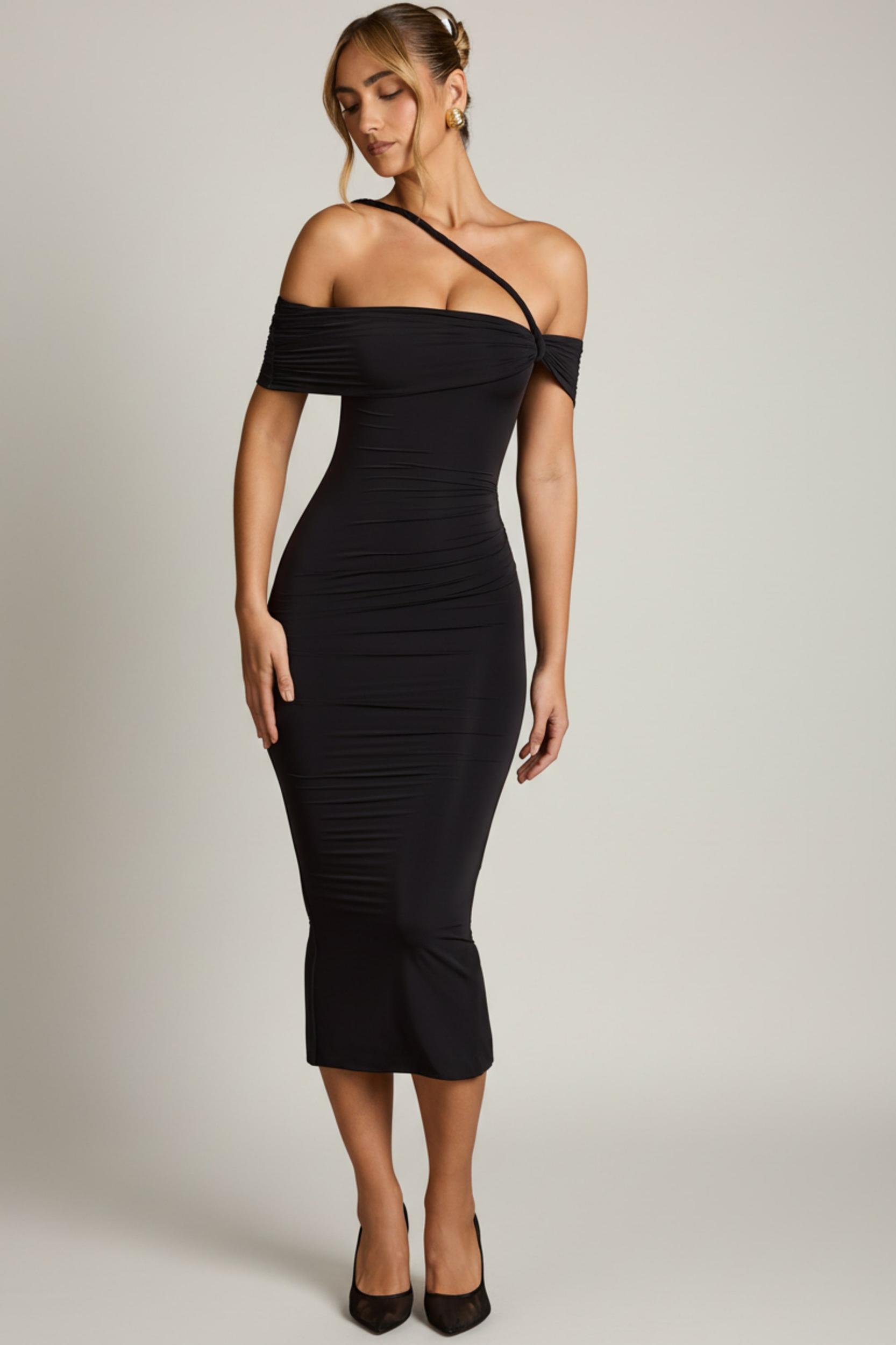 Off-Shoulder Draped Midaxi Dress in Black Product Image