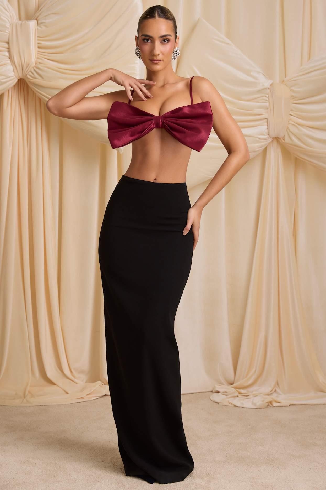 Strapless Bow Crop Top in Wine Red Product Image