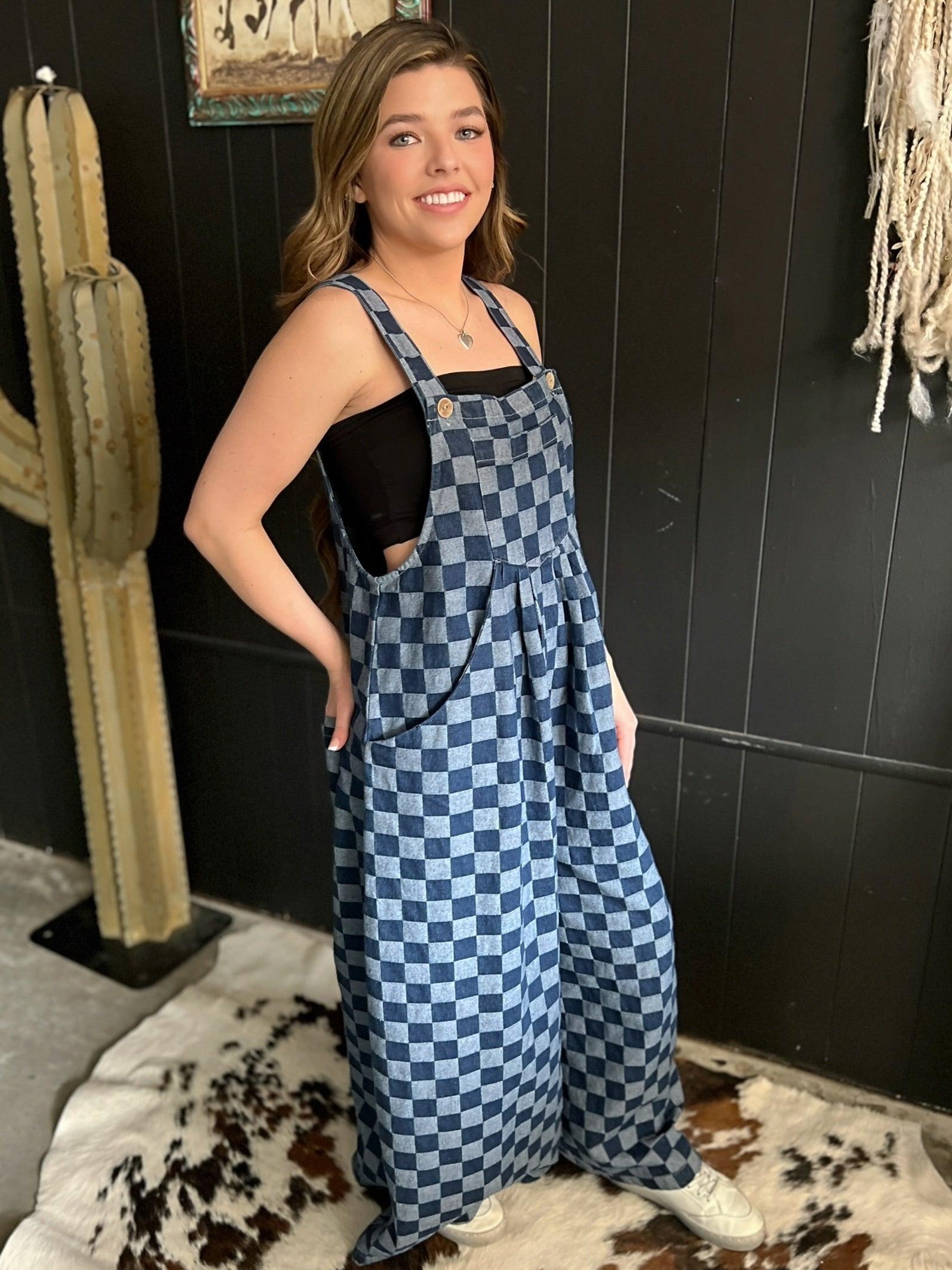 Denim Checkered Wide Leg Overalls* Product Image