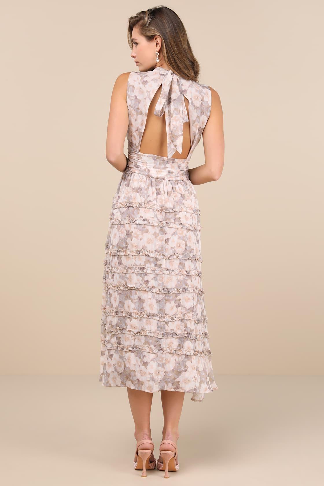 Happily Sweet Beige Floral Mock Neck Backless Midi Dress Product Image