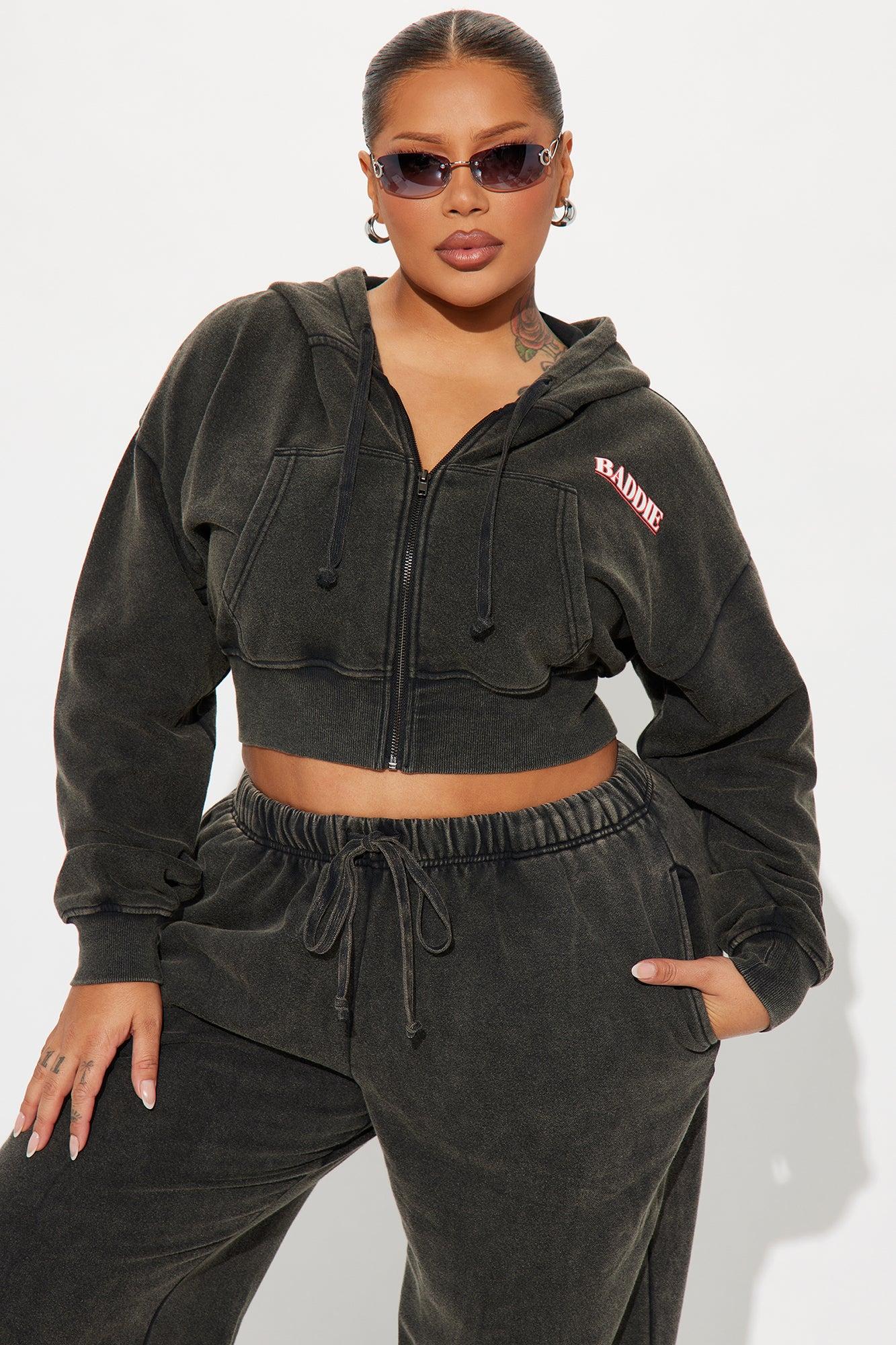 Baddie Washed Front Zip Hoodie - Black Wash Product Image