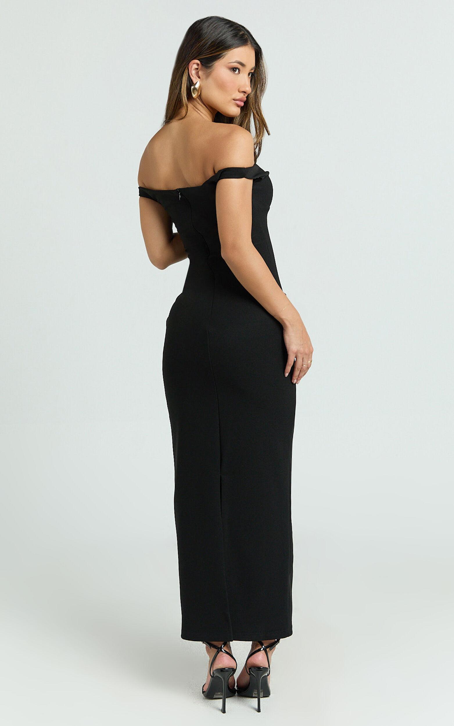 Vinnie Midi Dress - Off Shoulder Bustier Side Tuck Fitted Dress in Black Product Image