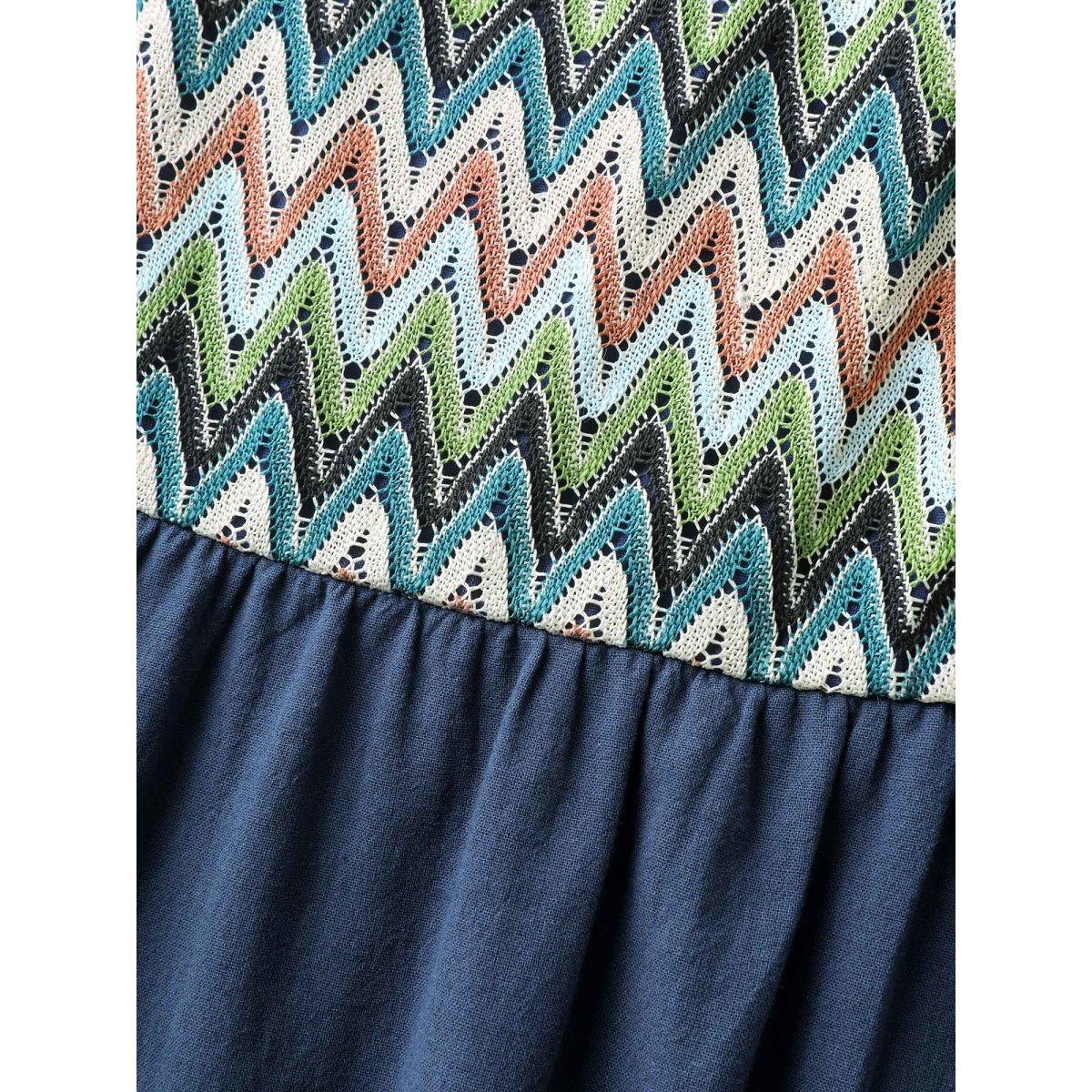 Plus Size Cotton Crochet Stretchy Waist Pockets Midi Dress Navy Women Boho Square Neck Cap Sleeve Curvy BloomChic 14-16/1X Product Image