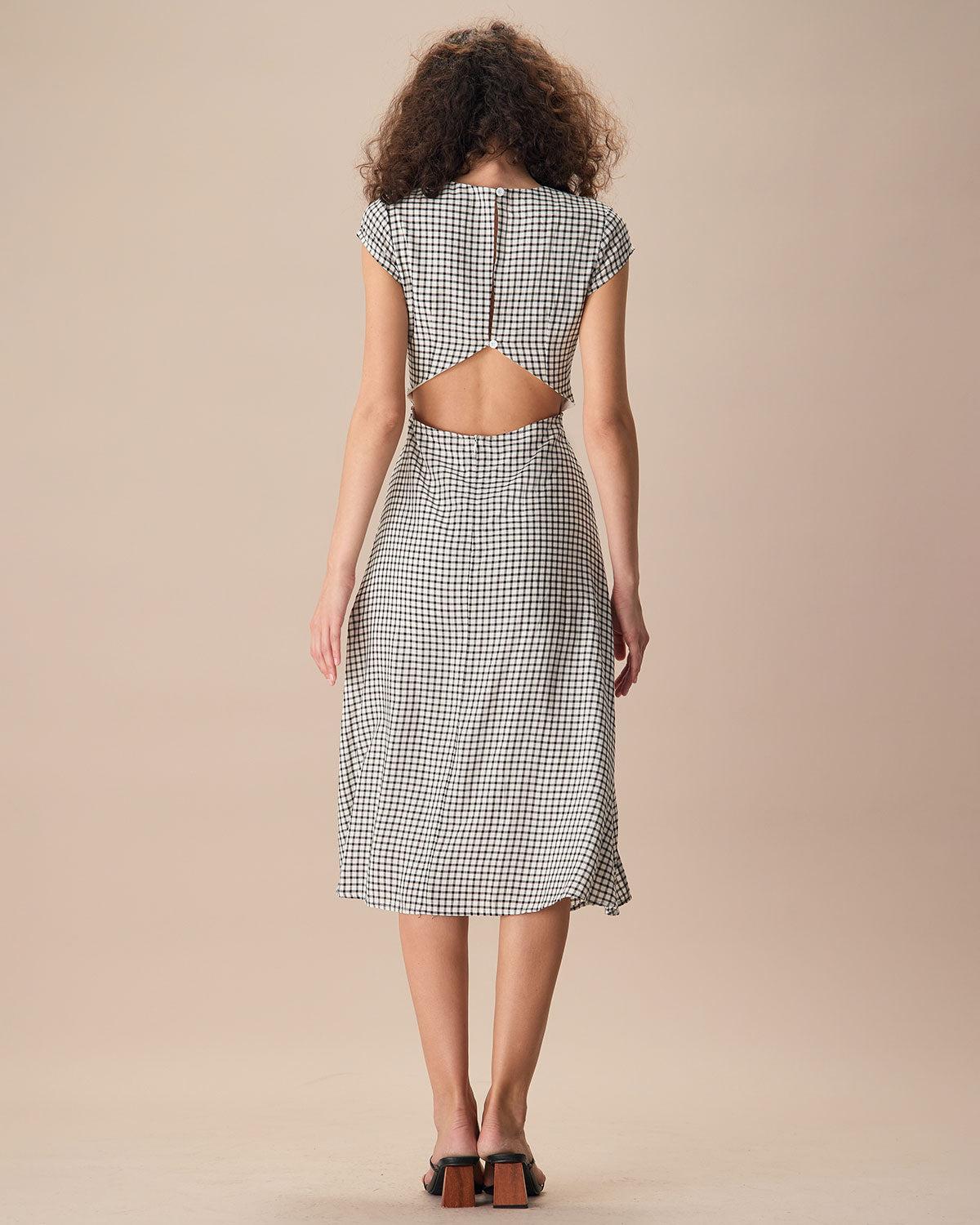 The Black Round Neck Cap Sleeve Plaid Midi Dress Product Image