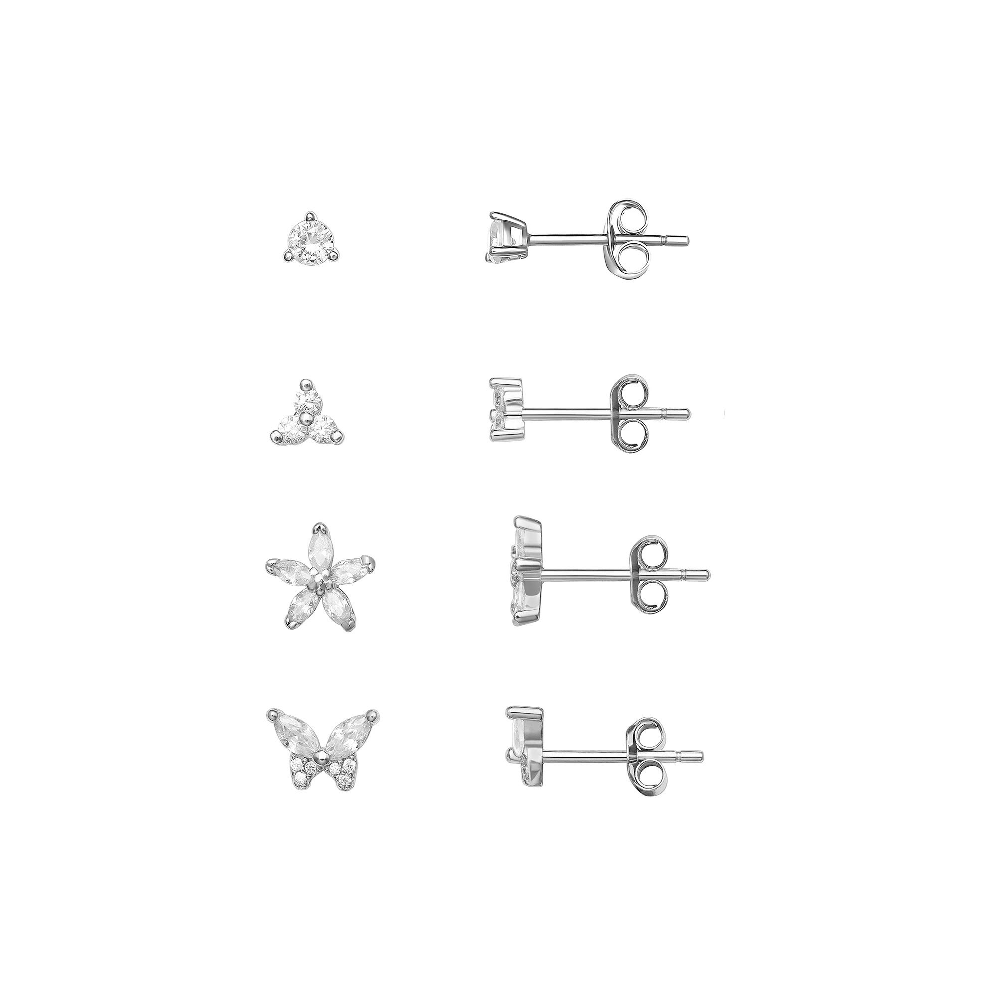 PRIMROSE Sterling Silver Round, Triple Round, Flower & Butterfly Stud Earring Set, Women's Product Image