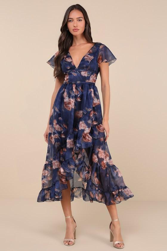 Cultivated Adoration Navy Floral Backless High-Low Midi Dress Product Image