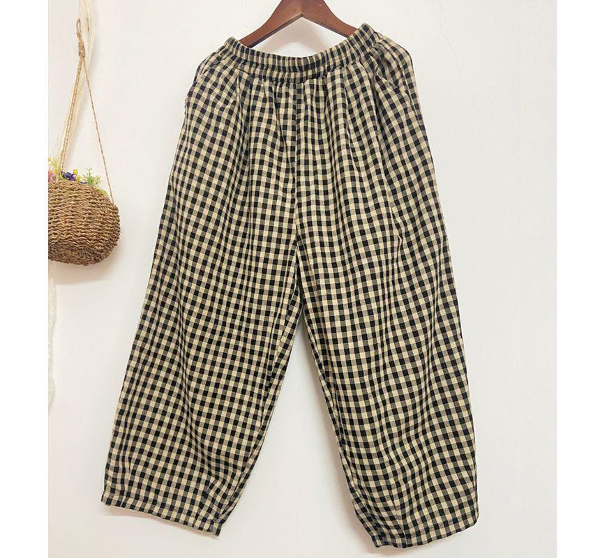 High Rise Gingham Baggy Pants Product Image