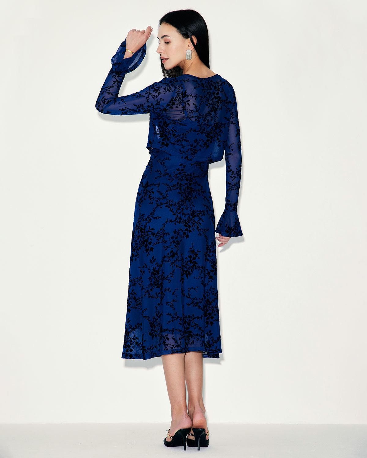 Blue Floral Mesh Slip Midi Dress Product Image