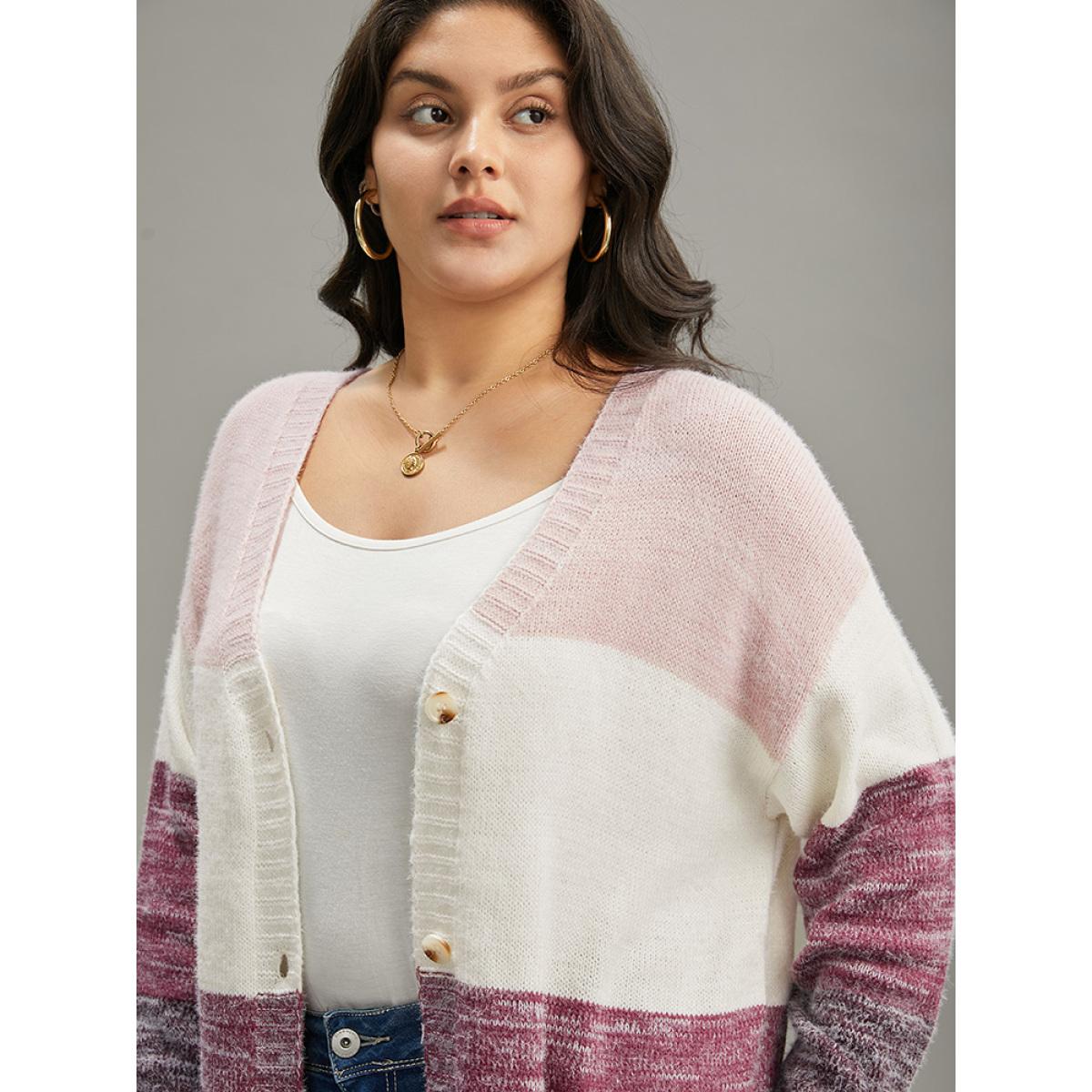 Plus Size Colorblock Button Through Fuzzy Cardigan Multicolor Women Casual Loose Long Sleeve Dailywear Cardigans BloomChic 10/M Product Image
