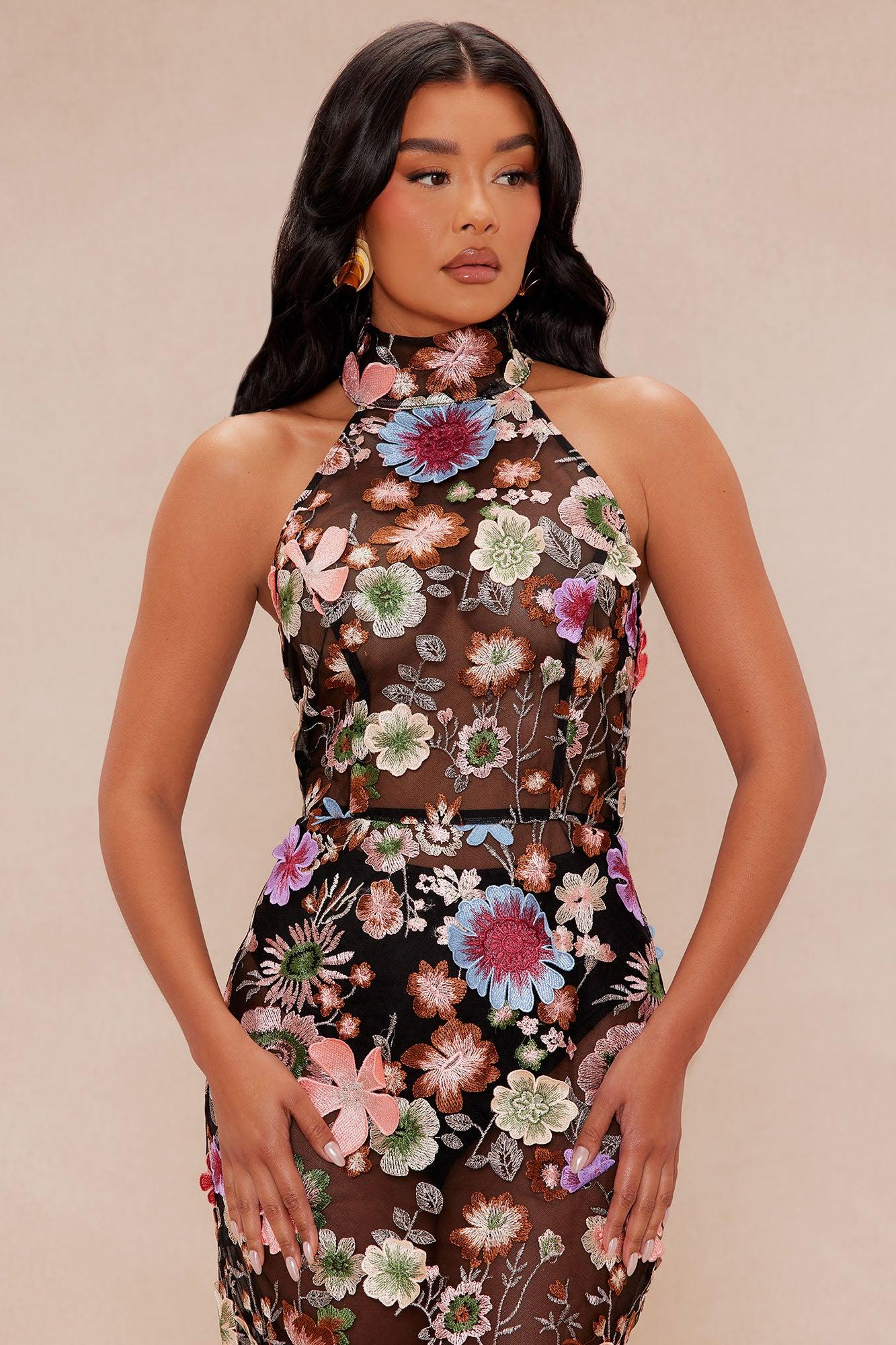 Emory Embroidered Floral Midi Dress - Black/combo Product Image
