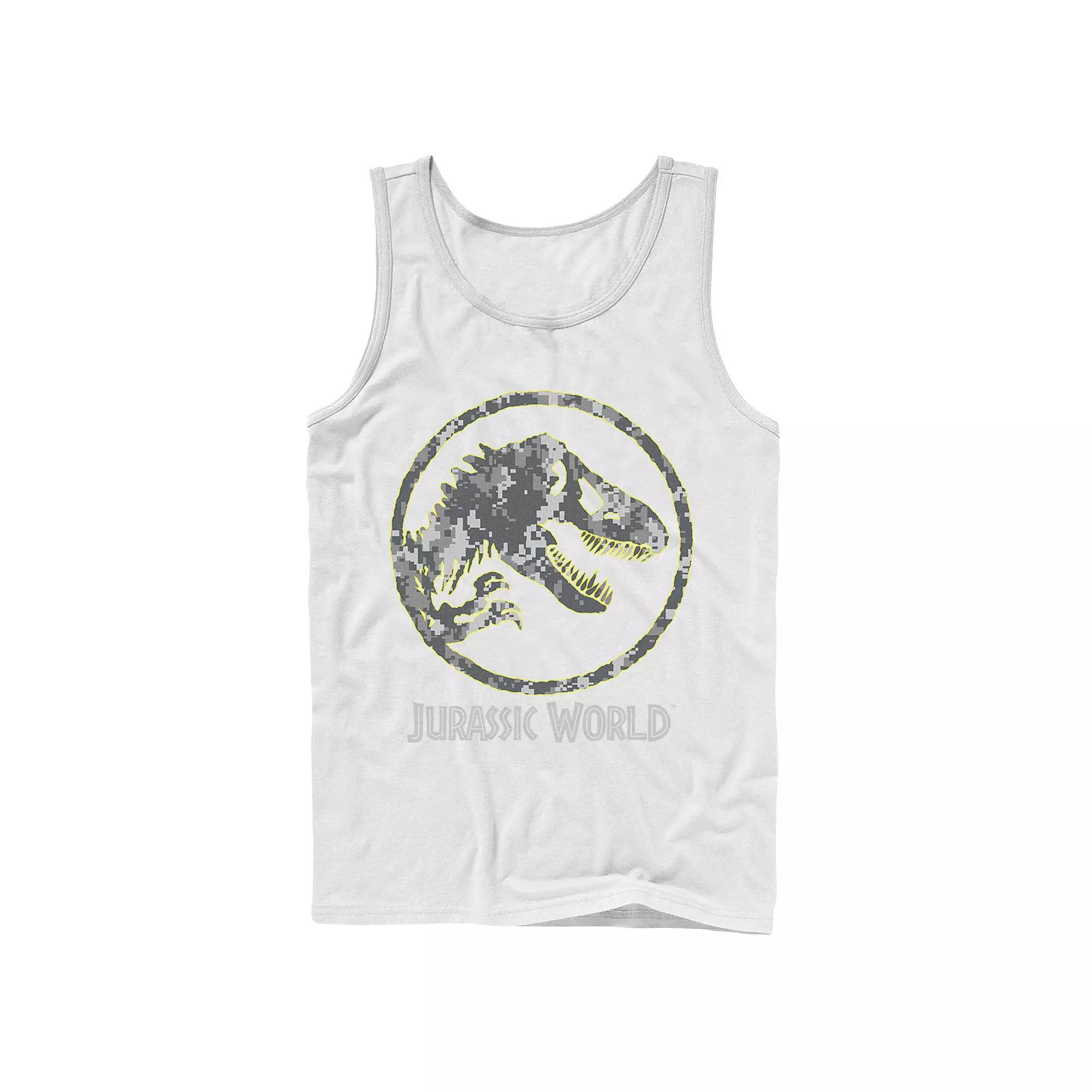 Men's Jurassic World Camouflage Yellow Outline Fossil Coin Logo Tank Top,  Product Image