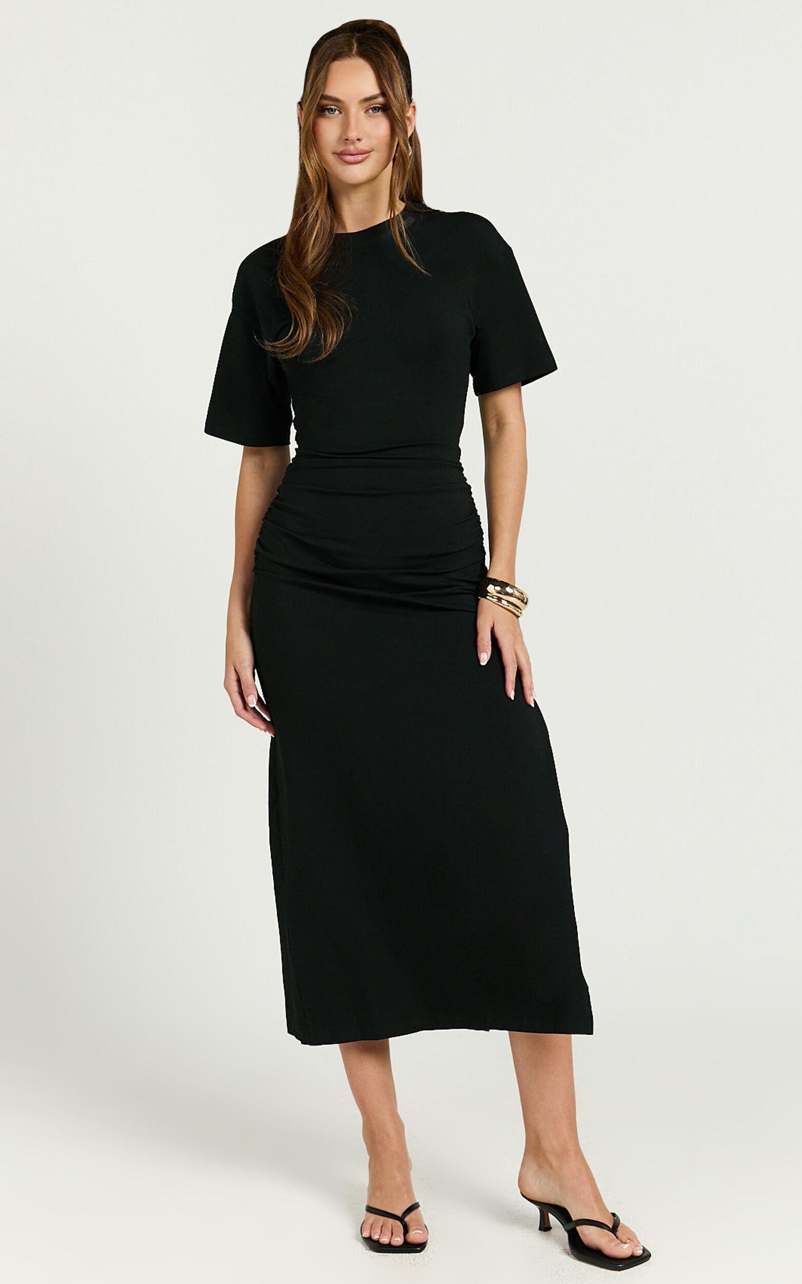 Lizzy Midi Dress - Jersey Ruched Side Split Dress in Black Product Image