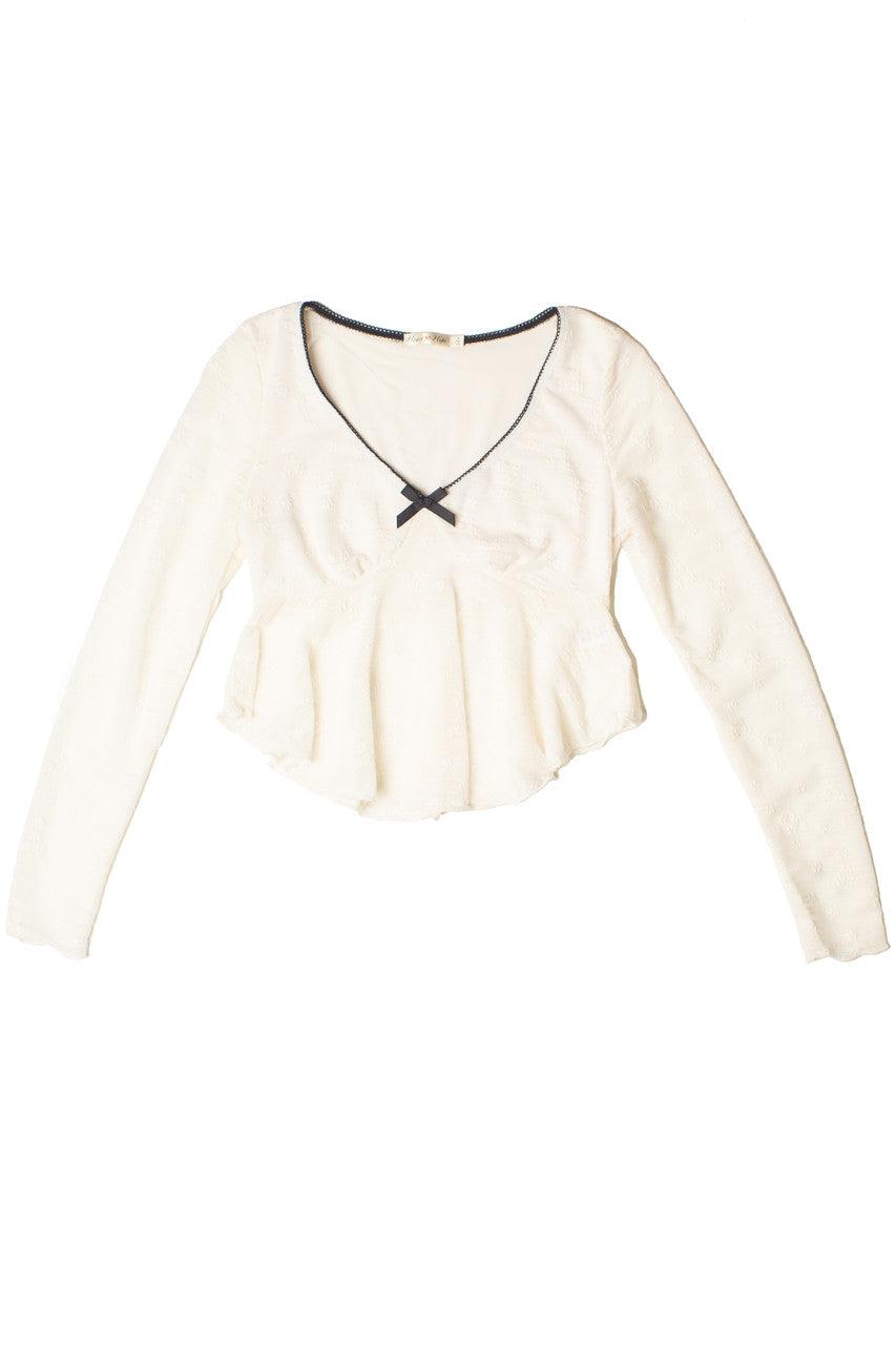 Curved Hem Lace Long Sleeve Bow Top Product Image