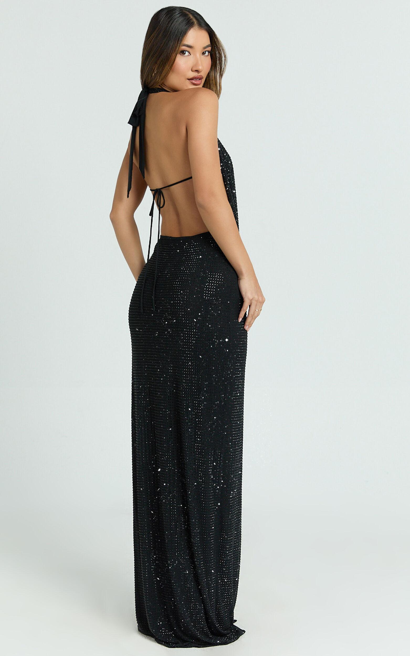 Felix Maxi Dress - Low Cowl Neck Bodycon Tie Back Dress in Black Product Image