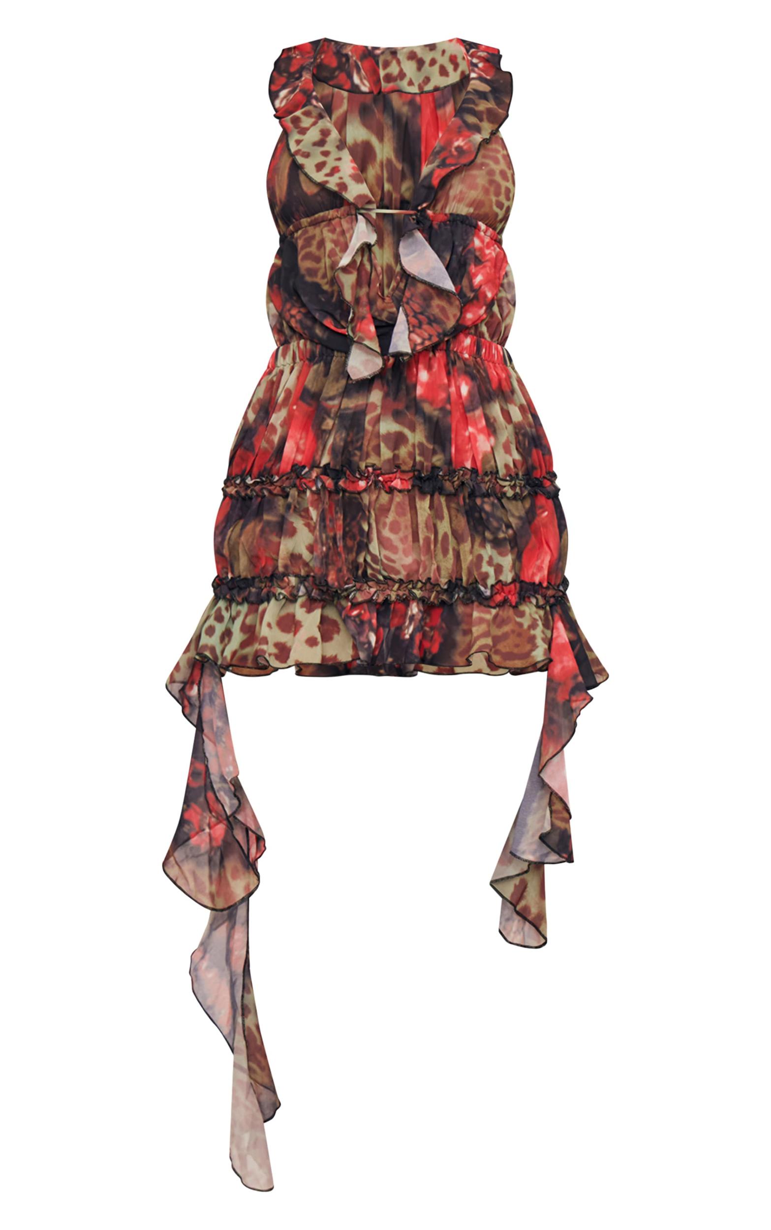 Multi Leopard Printed Chiffon Frill Bodycon Dress Product Image