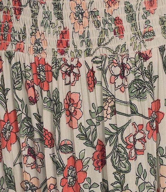 Angie Floral Print Sweetheart Neck 3/4 Sleeve Multi-Floral Smocked Bodice Midi Dress Product Image